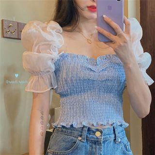 Chiffon Puff Sleeve Square Neck Check Cropped Top