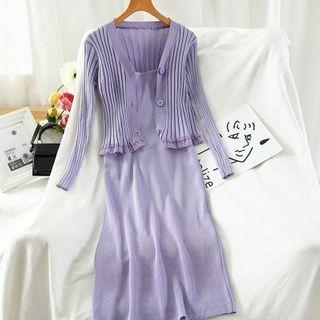 Set: Lace Trim Cardigan + Spaghetti Strap Knit Dress
