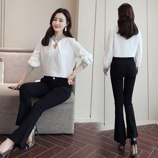 Set: Cutout Chiffon Blouse + Boot-cut Pants