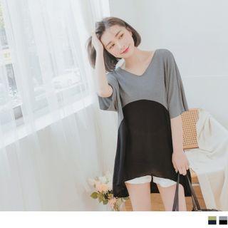 Short-sleeve V-neck Panel Long Top