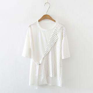 Elbow-sleeve Pinstriped Panel T-shirt White - One Size