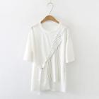 Elbow-sleeve Pinstriped Panel T-shirt White - One Size