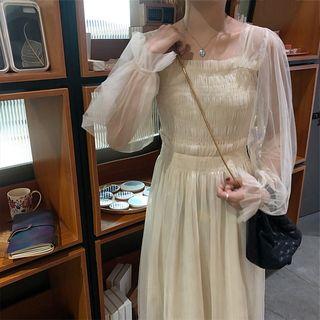 Set: Bell-sleeve Midi A-line Mesh Dress + Spaghetti Strap Midi Dress