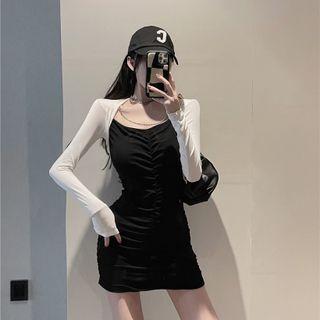 Mock Two-piece Long-sleeve Shirred A-line Dress