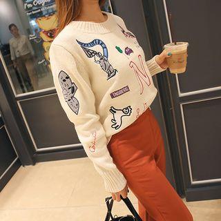 Crew-neck Embroidered Thick Sweater