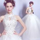 Sleeveless Lace Paneled Wedding Ball Gown