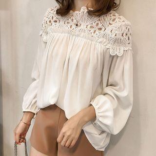 Puff-sleeve Lace Paneled Chiffon Top