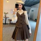 Long-sleeve Frill Trim Blouse / Spaghetti Strap Pleated Mini A-line Dress
