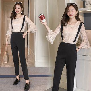 Set: Lace Bell-sleeve Top + Suspender Pants