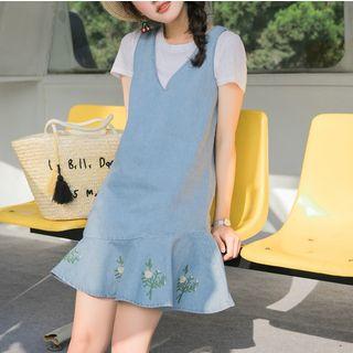 Embroidered Ruffle Denim Sleeveless Dress