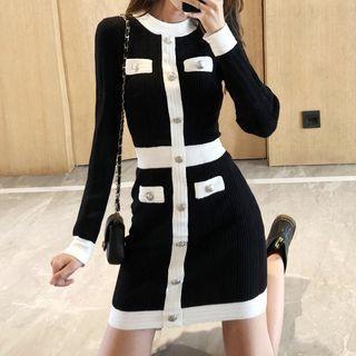 Contrast Trim Long-sleeve Mini Bodycon Knit Dress
