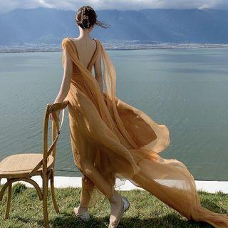 Sleeveless V-neck Chiffon Maxi A-line Dress