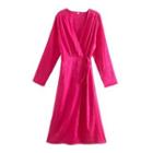 Long-sleeve V-neck Satin A-line Dress