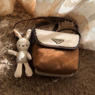 Rabbit Charm Faux Shearling Panel Crossbody Bag