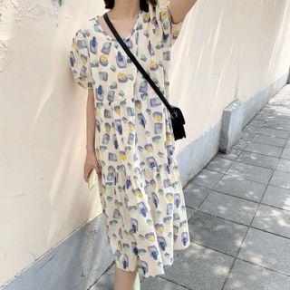 Puff-sleeve Cactus Print Midi A-line Dress