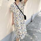 Puff-sleeve Cactus Print Midi A-line Dress