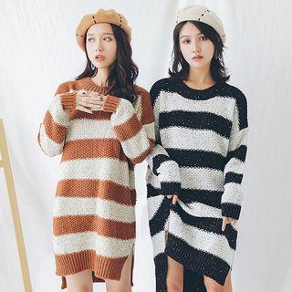 Side-slit Striped Long-sleeve Knit Dress