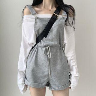 Long-sleeve Off-shoulder T-shirt / Drawstring Jumper Shorts