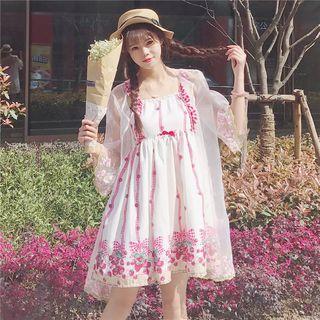 Strawberry Print Spaghetti Strap A-line Dress / Open Front Chiffon Jacket