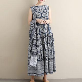 Printed Midi Sleeveless Dress / Printed Scarf