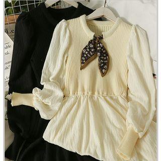 Fleece-lined Tie-neckline Patchwork Midi Dress