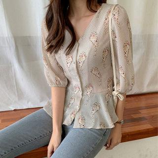 Tie-waist Patterned Sheer Peplum Blouse
