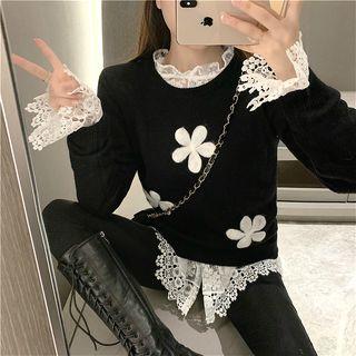Lace Long-sleeve See-through Blouse / Flower Sweater