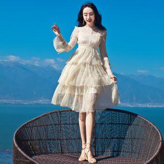 Long-sleeve Lace A-line Tiered Dress