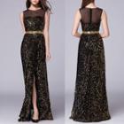 Mesh Panel Sequined Sleeveless Evening Gown
