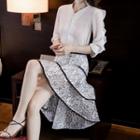 Set: Elbow-sleeve Blouse + High-low Layered Skirt