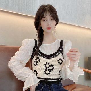 Set: Floral Knit Camisole Top + Blouse