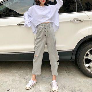 Set: Long-sleeve Asymmetric Top + Ripped Pant