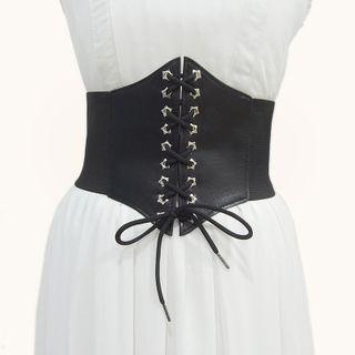 Elastic Faux Leather Corset Belt Black - One Size