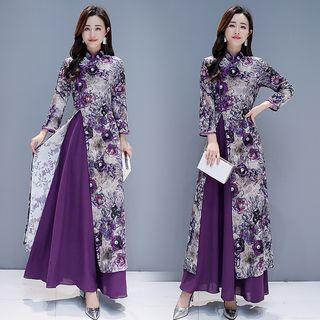 Long-sleeve Printed Maxi Qipao Dress