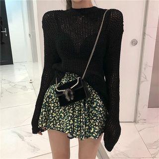 Plain Long-sleeve Knit Top/floral High-waist Skirt
