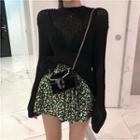 Plain Long-sleeve Knit Top/floral High-waist Skirt