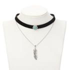 Alloy Feather Pendant Layered Choker Necklace