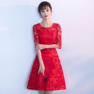 Sheer-covered Lace Elbow-sleeve A-line Cocktail Dress