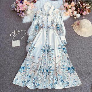 Collared Print Maxi A-line Dress