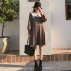 Sailor-collar Accordion-pleat Dress Brown - One Size