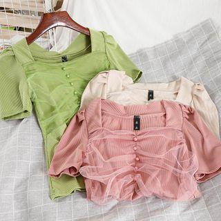 Short-sleeve Mesh Panel Knit Blouse