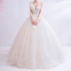 Cap-sleeve Sequined Faux Pearl Floral A-line Wedding Gown