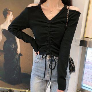 Cold-shoulder Drawstring Cropped T-shirt