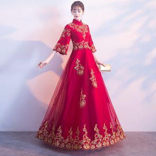 Elbow-sleeve A-line Evening Gown / Midi Prom Dress