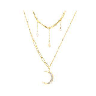 Simple And Fashion Plated Gold Star Moon 316l Stainless Steel Double Necklace With Cubic Zirconia Golden - One Size