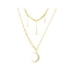 Simple And Fashion Plated Gold Star Moon 316l Stainless Steel Double Necklace With Cubic Zirconia Golden - One Size