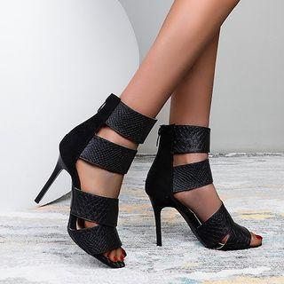 Snakeskin Grain Cutout Stiletto Sandals