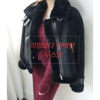 Belted-detail Faux-shearling Jacket Black - One Size