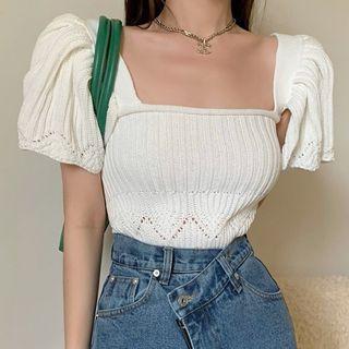 Short-sleeve Knit Blouse Almond - One Size