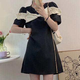 Short-sleeve Color Block Bow Accent Dress